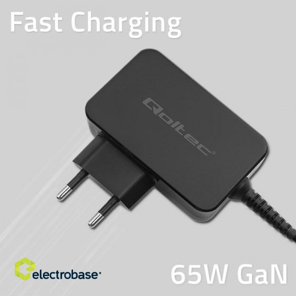 Qoltec 52386 GaN POWER PRO charger | 1xUSB-C | 65W | 5-20V | 3-3.25A | Black image 2