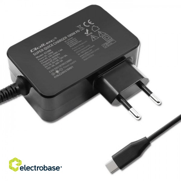 Qoltec 52388 GaN POWER PRO charger | 1xUSB-C | 100W | 5-20V | 3-5A | Black paveikslėlis 8