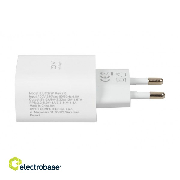 Wall charger iBOX C-37 GaN PD20W, white image 6