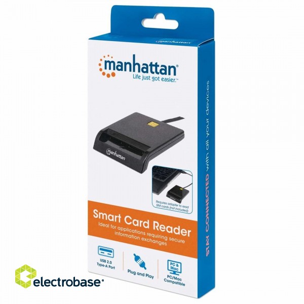 Manhattan USB-A Contact Smart Card Reader, 12 Mbps, Friction type compatible, External, Windows or Mac, Cable 105cm, Black, Three Year Warranty, Blister image 5