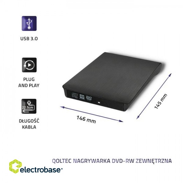 Qoltec 51857 External DVD-RW recorder |USB 3:0|Black paveikslėlis 5