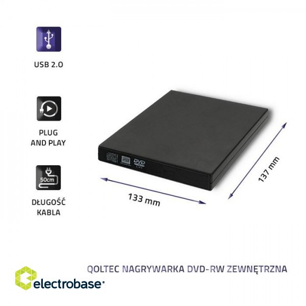 Qoltec 51858 External DVD-RW recorder |USB 2.0|Black paveikslėlis 3