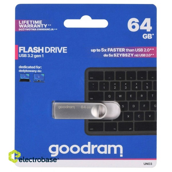 Goodram USB UNO3-0640S0R11 USB flash drive 64 GB USB Type-A 3.2 Gen 1 (3.1 Gen 1) Silver paveikslėlis 3