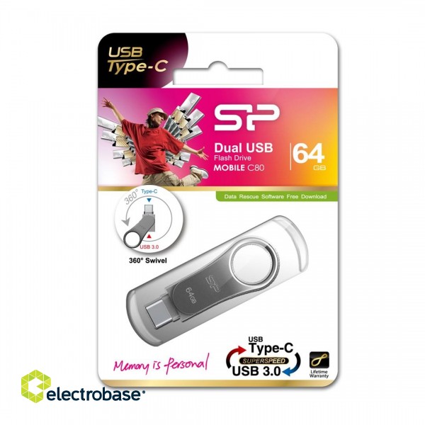 Silicon Power Mobile C80 USB flash drive 64 GB USB Type-A / USB Type-C 3.0 (3.1 Gen 1) Titanium фото 1