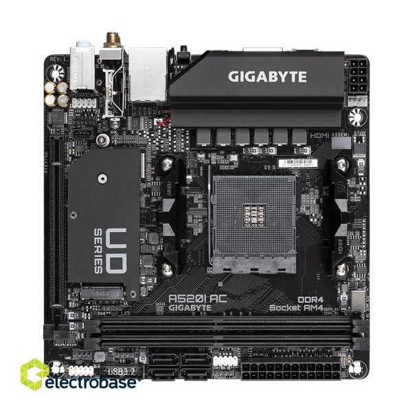 Gigabyte A520I AC Motherboard - Supports AMD Ryzen 5000 Series AM4 CPUs, 6 Phases Digital VRM, up to 5300MHz DDR4 (OC), 1xPCIe 3.0 M.2, WIFI, GbE LAN, USB 3.2 Gen1 image 1