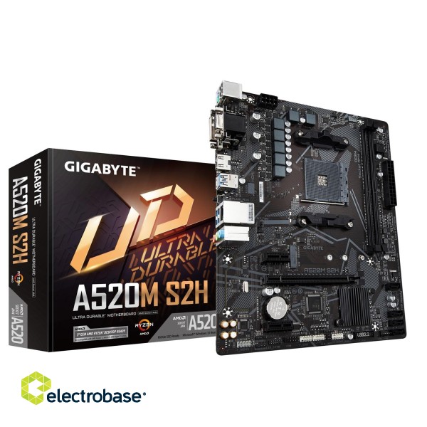 Gigabyte A520M S2H Motherboard - Supports AMD Ryzen 5000 Series AM4 CPUs, 4+3 Phases Pure Digital VRM, up to 5100MHz DDR4 (OC), PCIe 3.0 x4 M.2, GbE LAN, USB 3.2 Gen 1 фото 1