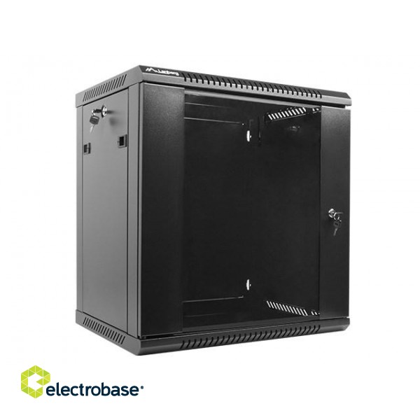 Lanberg wall-mounted installation rack cabinet 19'' 12U 600x450mm black (glass door) paveikslėlis 1