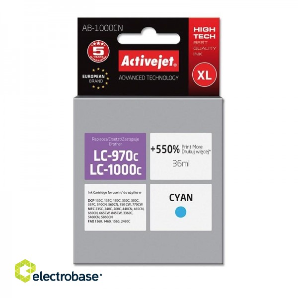 Activejet AB-1000CN Ink cartridge (replacement for Brother LC1000C/970C; Supreme; 36 ml; cyan). Prints 550% more.