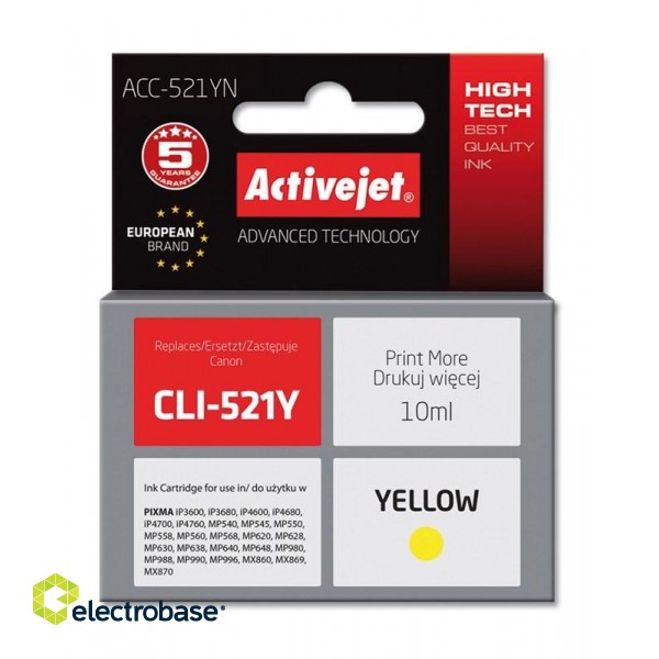 Activejet ACC-521YN Ink cartridge (replacement for Canon CLI-521Y; Supreme; 10 ml; yellow) paveikslėlis 1