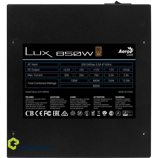Aerocool LUX850 PC Power Supply 850W 80 Plus Bronze 230V 88% Efficiency Black image 5