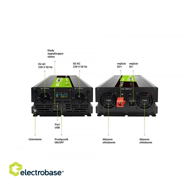 Green Cell Przetwornica napicia PowerInverter LCD 24 V 3000W/60000W Przetwornica samochodowa z wywietlaczem - czysty sinus power adapter/inverter Auto Black image 6