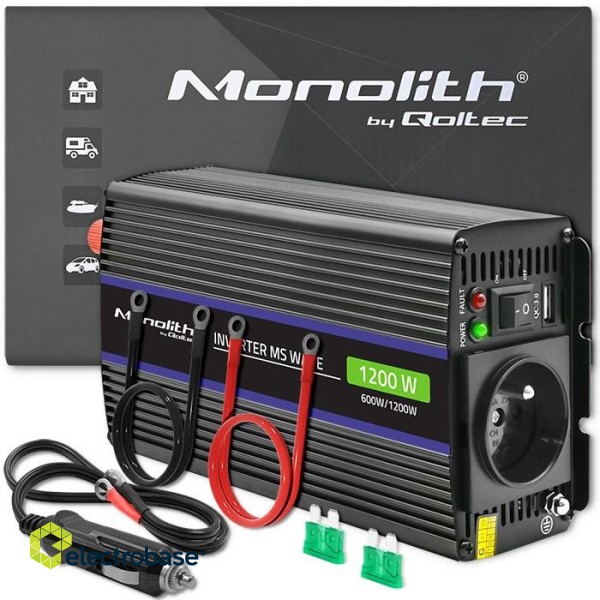 Qoltec 51925 Monolith voltage converter 1200 MS Wave |12V to 230V | 600/1200W | USB paveikslėlis 1