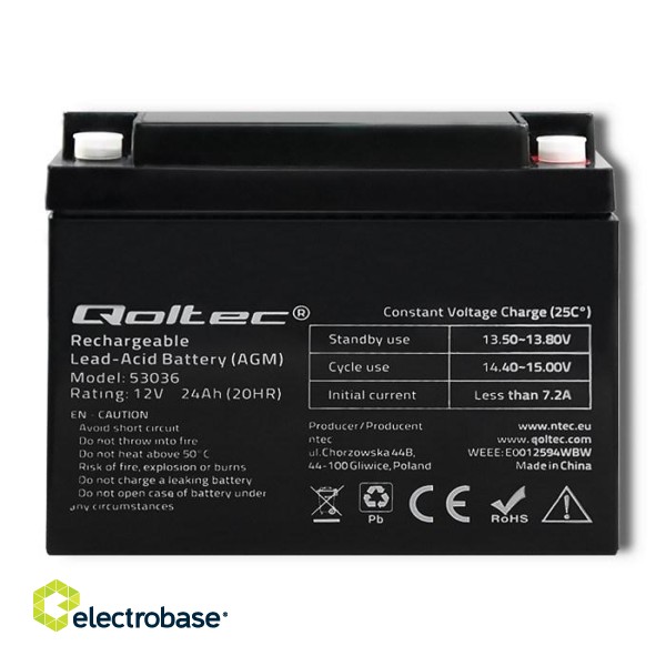 Qoltec 53036 AGM battery | 12V | 24Ah | max 360A фото 2