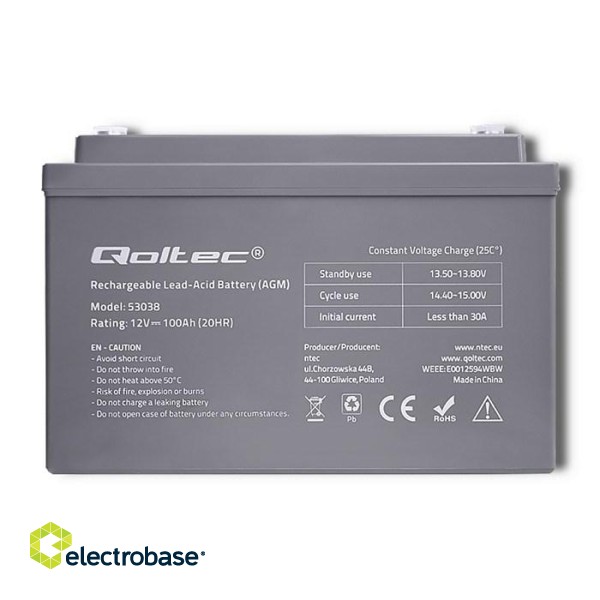 Qoltec 53038 AGM battery | 12V | 100Ah | max 1200A image 2