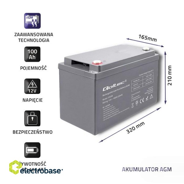 Qoltec 53038 AGM battery | 12V | 100Ah | max 1200A image 3
