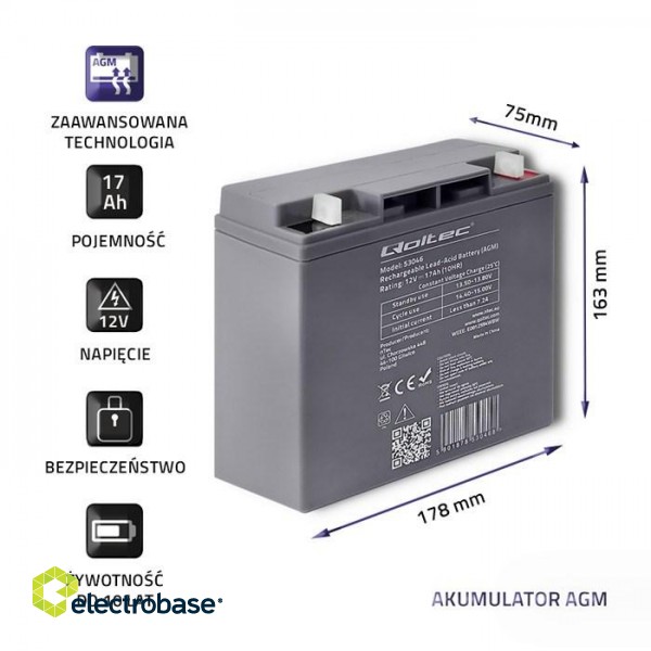 Qoltec 53046 AGM battery | 12V | 17Ah | max. 255A image 2