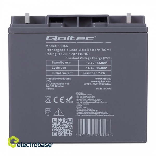 Qoltec 53046 AGM battery | 12V | 17Ah | max. 255A paveikslėlis 4