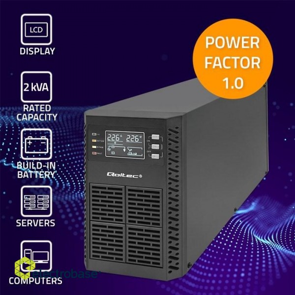 Qoltec 52281 Uninterruptible Power Supply UPS | 2kVA | 2000W | Power factor 1.0 | LCD | EPO | USB | On-line image 3