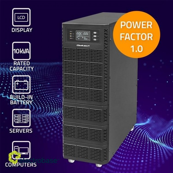 Qoltec 52284 Uninterruptible Power Supply UPS | 10kVA | 10000W | Power factor 1.0 | LCD | EPO | USB | On-line image 3