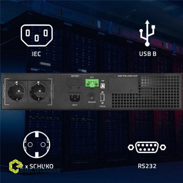 Qoltec 52285 Uninterruptible Power Supply UPS for RACK | 1kVA | 1000W | Power factor 1.0 | LCD | EPO | USB | On-line paveikslėlis 5