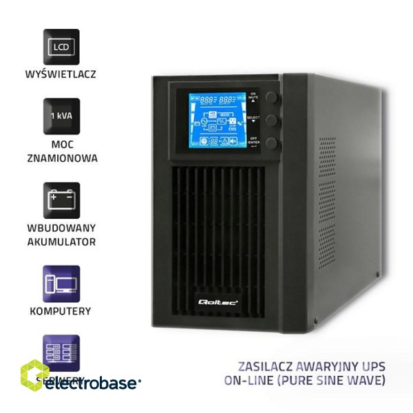 Qoltec 53042 Uninterruptible Power Supply | On-line | Pure Sine Wave | 1kVA | 800W | LCD paveikslėlis 3