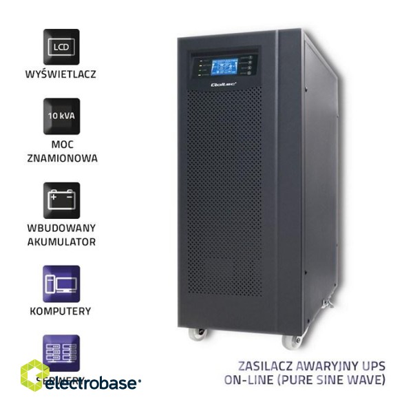 Qoltec 53044 Uninterruptible power supply UPS | On-line | Pure Sine Wave | 10kVA | 8kW | LCD | USB фото 3