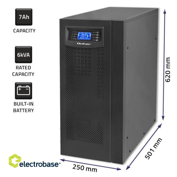 Qoltec 53982 UPS | On-line | Pure Sine Wave | 6kVA | 4.8kW | LCD | USB image 6