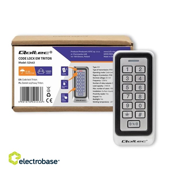 Qoltec 52443 Code lock TRITON with RFID reader Code | Card | key fob | IP68 | EM paveikslėlis 8