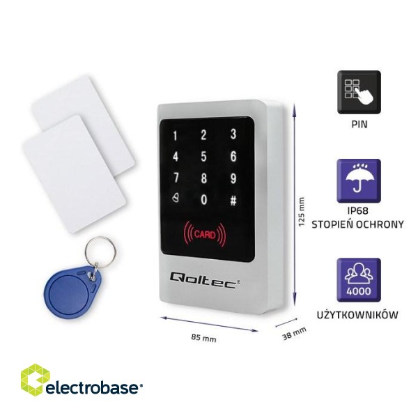 Qoltec 52444 Code lock MIMAS with RFID reader Code | Card | key fob | Doorbell button | IP68 | EM image 2