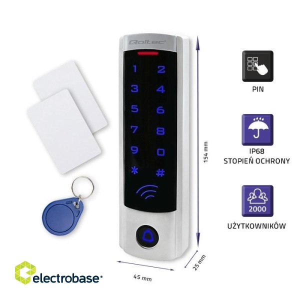 Qoltec 52445 Code lock DIONE with RFID reader Code | Card | key fob | Doorbell button | IP68 | EM image 2