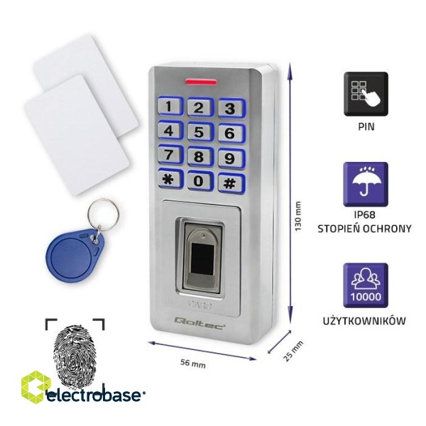 Qoltec 52447 Code lock OBERON with fingerprint reader | RFID | Code | Card | key fob | Doorbell | IP68 | EM image 2