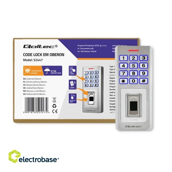 Qoltec 52447 Code lock OBERON with fingerprint reader | RFID | Code | Card | key fob | Doorbell | IP68 | EM paveikslėlis 9