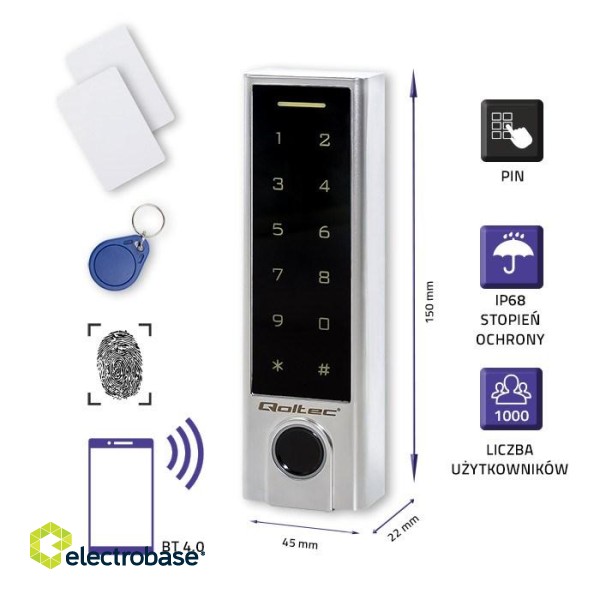 Qoltec 52448 Code lock TITAN with fingerprint reader | RFID | BT 4.0 |Code | Card | key fob | Doorbell| IP68 | EM фото 2
