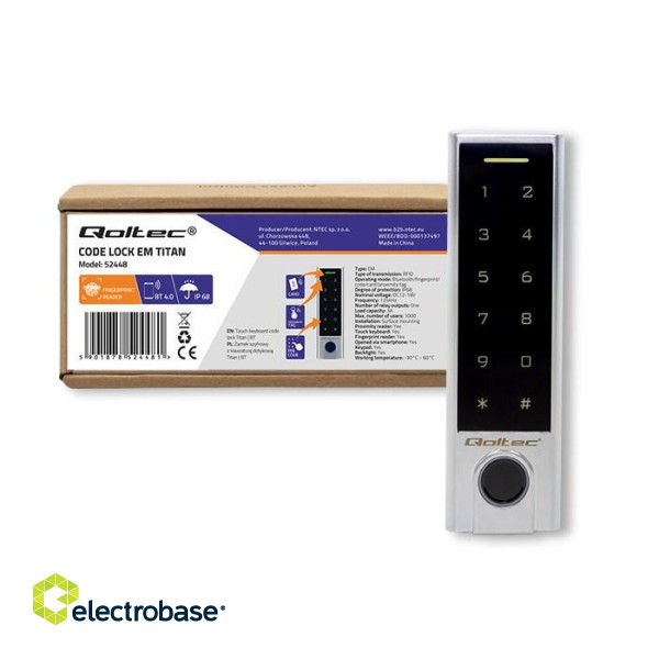 Qoltec 52448 Code lock TITAN with fingerprint reader | RFID | BT 4.0 |Code | Card | key fob | Doorbell| IP68 | EM фото 10