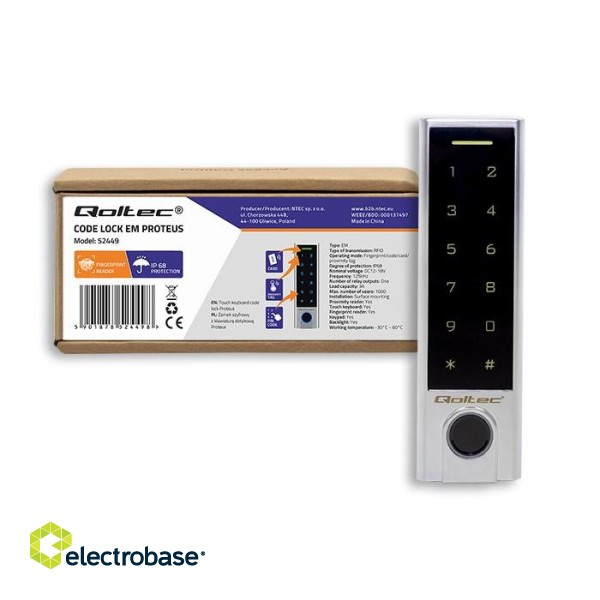 Qoltec 52449 Code lock PROTEUS with fingerprint reader | RFID | Code | Card | key fob | Doorbell | IP68 | EM paveikslėlis 5