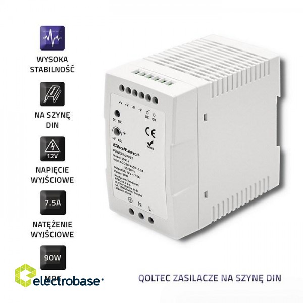 Qoltec 50914 DIN rail power supply | 90W | 12V | 7.5A | White | Slim image 2
