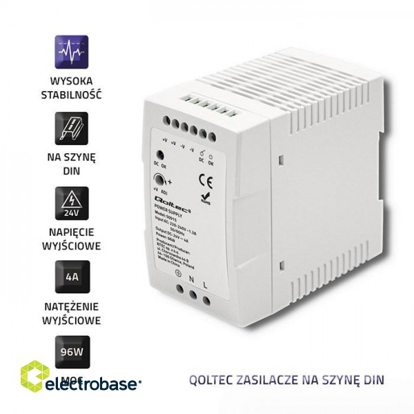 Qoltec 50915 DIN rail power supply | 96W | 24V | 4A | White | Slim image 2