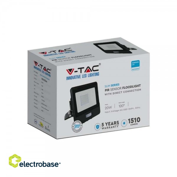 V-TAC LED floodlight with motion sensor 20W 6500K 1510lm фото 3