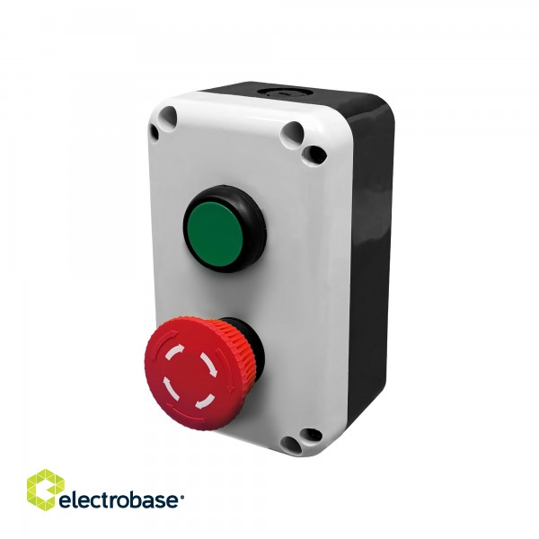 PBSL2GM кнопочный пост, кнопка start, 1NO - зеленая, кнопка грибок stop, 1NC, отключение поворотом - красная