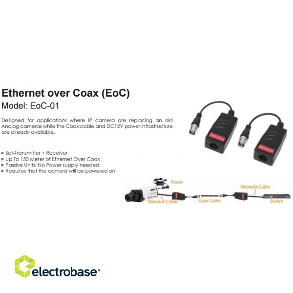 EOC-01 ~ Komplekts ethernet (IP kameru) raidišanai pa koaksiālu 150m фото 2
