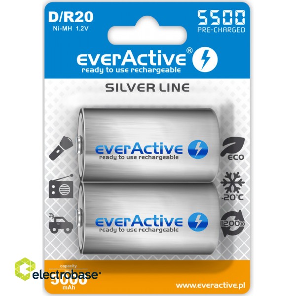 AKD.eA.SL2; R20/D batteries 1.2V everActive Silver line Ni-MH 5500 mAh in a package of 2 pcs.