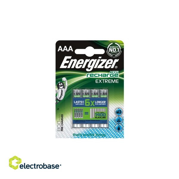 AKAAA.EE4; R03/AAA akut 1,2V Energizer Recharge Extreme Ni-MH HR03 800 mAh 4 kpl:n pakkauksessa.