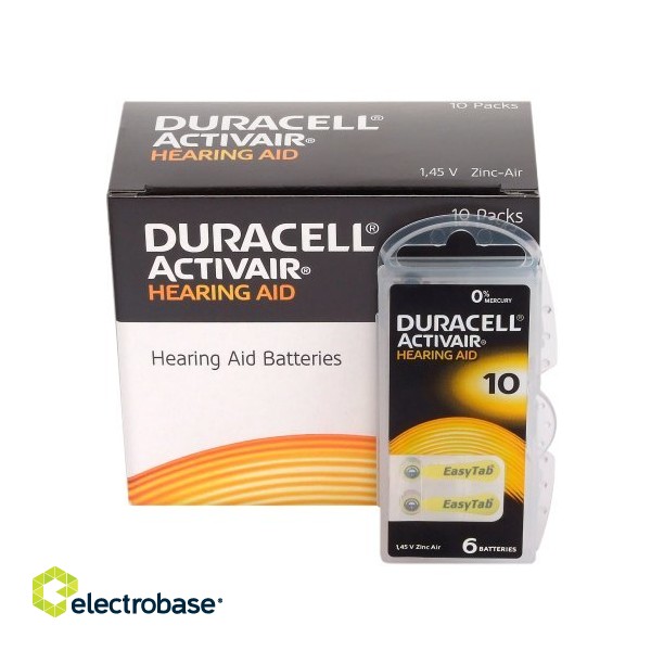 Размер 10, Батарейки для слуховых аппаратов, 1,45 В Duracell ActivAir PR70 в упаковке по 6 шт. фото 2