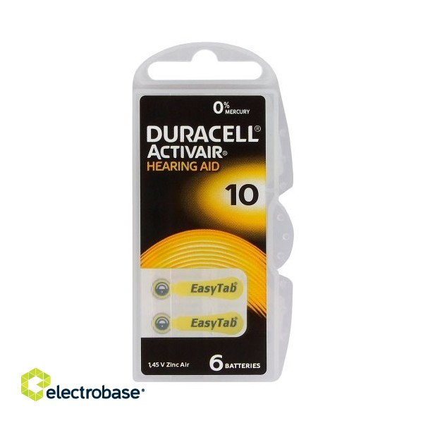 Размер 10, Батарейки для слуховых аппаратов, 1,45 В Duracell ActivAir PR70 в упаковке по 6 шт. фото 1