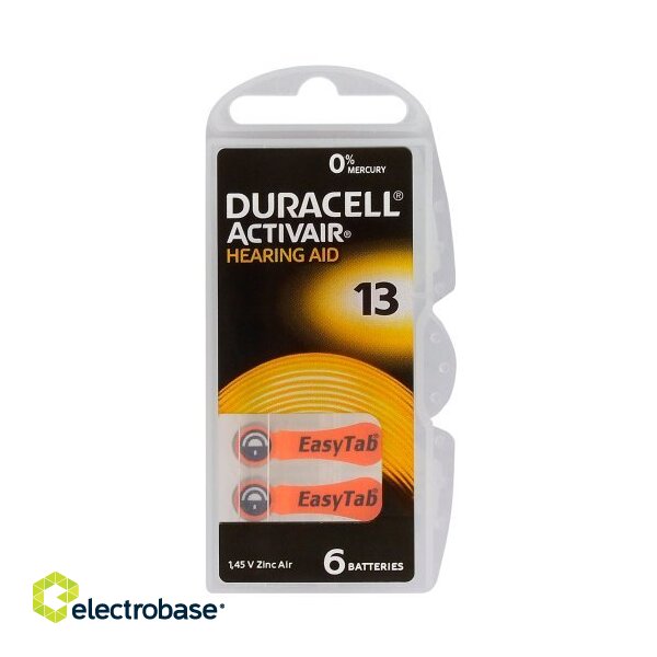 Size 13, Hearing Aid Battery, 1.45V Duracell Zn-Air PR48 in a package of 6 pcs. image 1