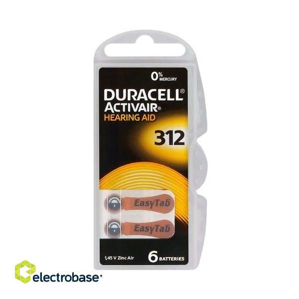Izmērs 312, Dzirdes Aparāta Baterija, 1.45V Duracell Zn-Air PR41 iepakojumā 6 gb. image 1