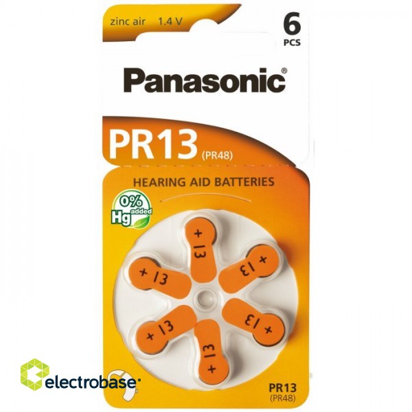 Size 13, Hearing Aid Battery, Panasonic Zn-Air PR48 in a package of 6 pcs.