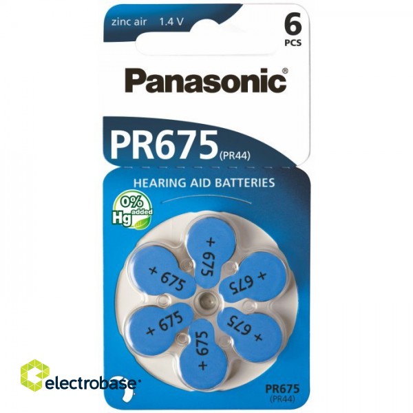 Size 675, Hearing Aid Battery, Panasonic Zn-Air PR44 in a package of 6 pcs.