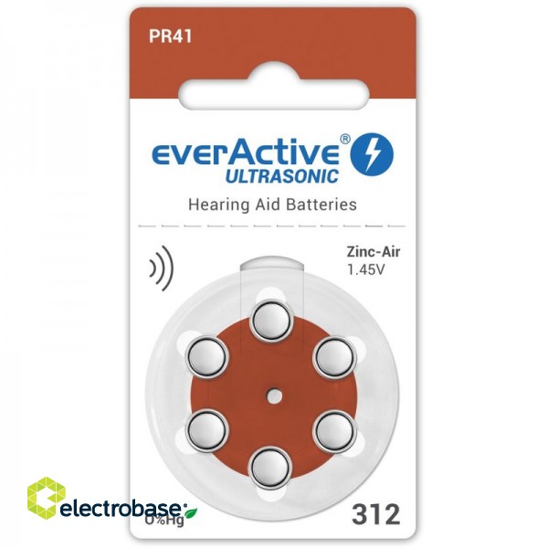 Size 312, Hearing Aid Battery, 1.45V everActive Zn-Air PR41 in a package of 6 pcs.
