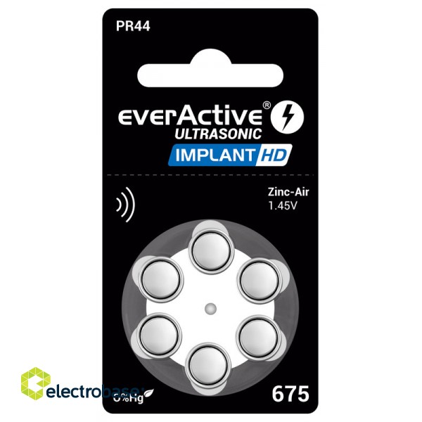 Koko 675, kuulolaiteparistoimplantti HD, 1,45V everActive Zn-Air PR44 6 kpl:n pakkauksessa.